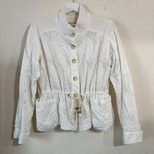 Anthropologie Womens Lace Button-Up Jacket Large White Drawstring Waist Pockets